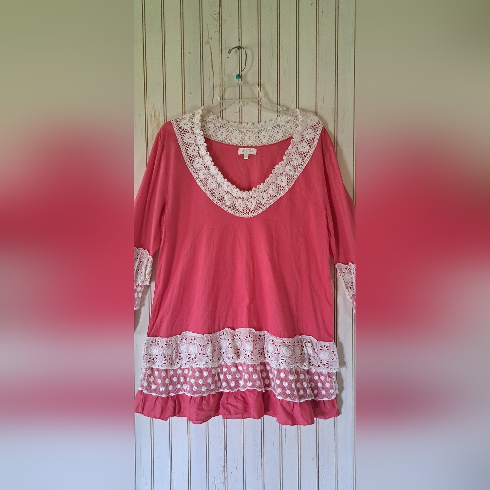 Ladies VELZERA Boho Lace Feminine Peasant Tunic TOP Shirt Oversized Sz Small